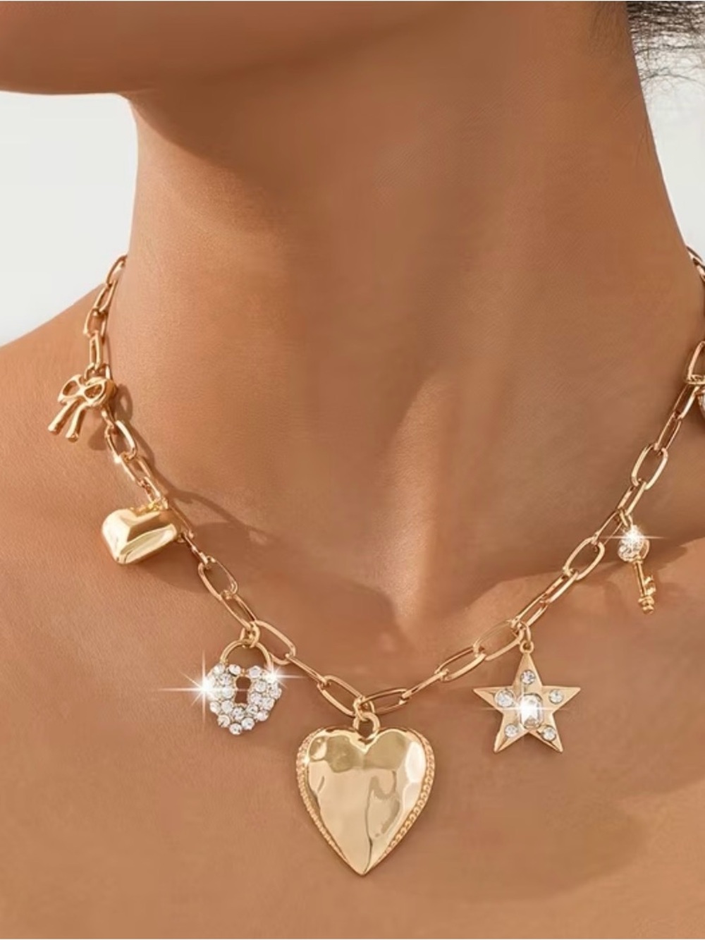 Gold Heart & Charm Link Necklace - Women Jewelry